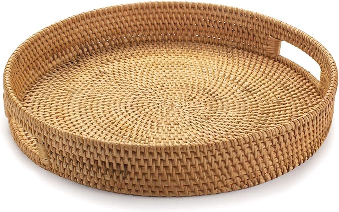 Rattan Round Serving Tray, Decorative Coffee Table Tray, Ottoman Hand Woven Serving Basket with Handles, Wicker Fruit/Bread Serving Basket, 11.8 inch