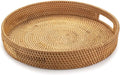 Rattan Round Serving Tray, Decorative Coffee Table Tray, Ottoman Hand Woven Serving Basket with Handles, Wicker Fruit/Bread Serving Basket, 11.8 inch