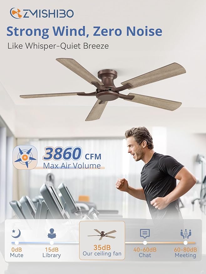 ZMISHIBO 52 Inch Ceiling Fan No Light, Flush Mount Low Profile, Farmhouse Brown Ceiling Fan Without Light, Remote Control & Quiet DC Motor, for Indoor&Outdoor, Bedroom, Living Room