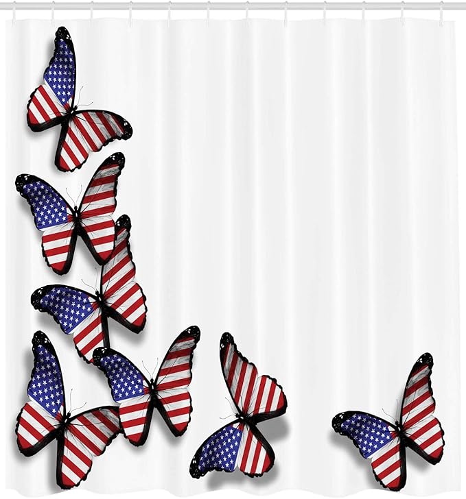 Ambesonne Americana Shower Curtain, American Flag in Flying Butterflies Freedom Patriotism Spring Inspired Design, Cloth Fabric Bathroom Decor Set with Hooks, 69" W x 70" L, Red White Blue