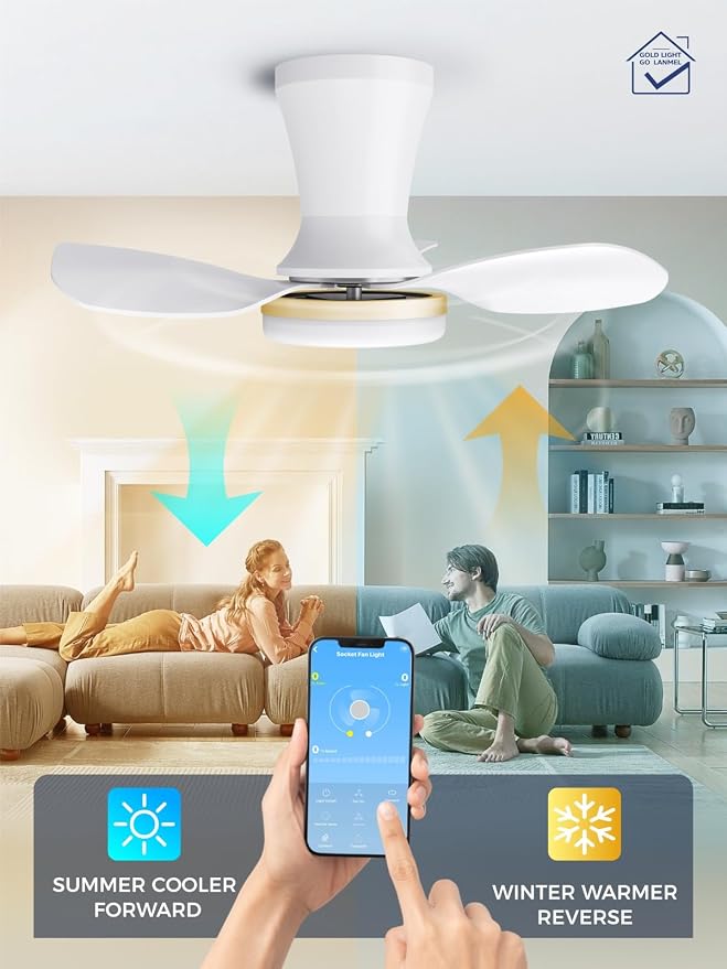 LANMEL 22 Inch Flush Mount Ceiling Fan with Light and Remote, Low Profile Modern Ceiling Fan, 6 Speed, Reversible, 3000k-6500k Dimmable LED, Quiet DC Motor for Indoor Outdoor, White Gold