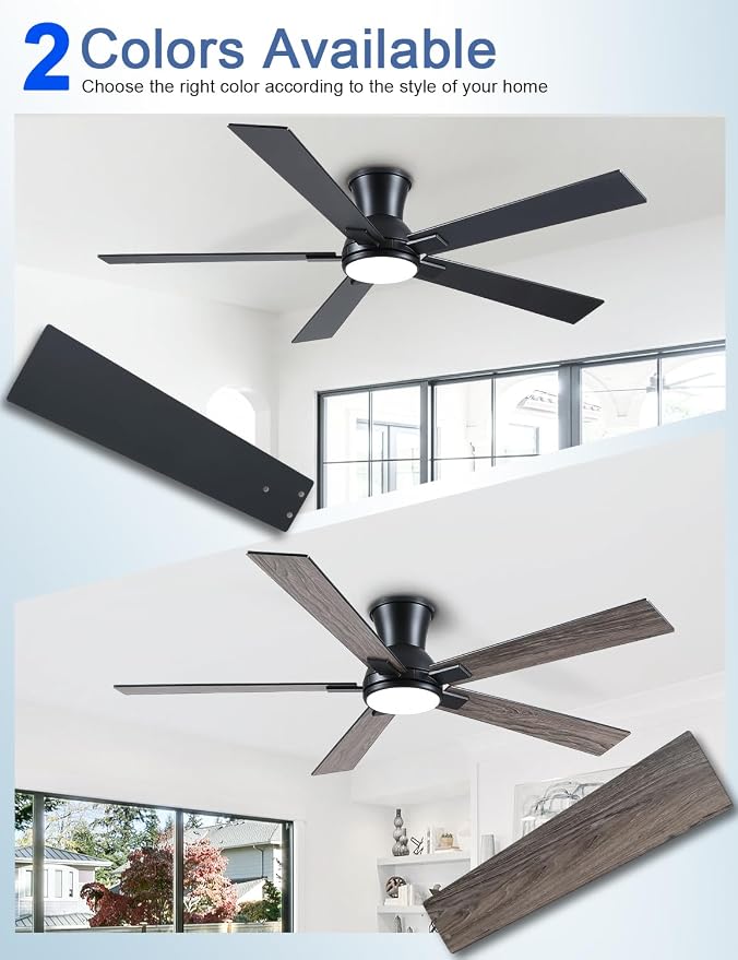 60 Inch Black Flush Mount Ceiling Fans with Lights, 3CCT Dimmable LED, 6-Speed Remote Control, Reversible Motor,Quiet Low Profile Energy-Efficient for Bedroom & Living Room,ETL Listed