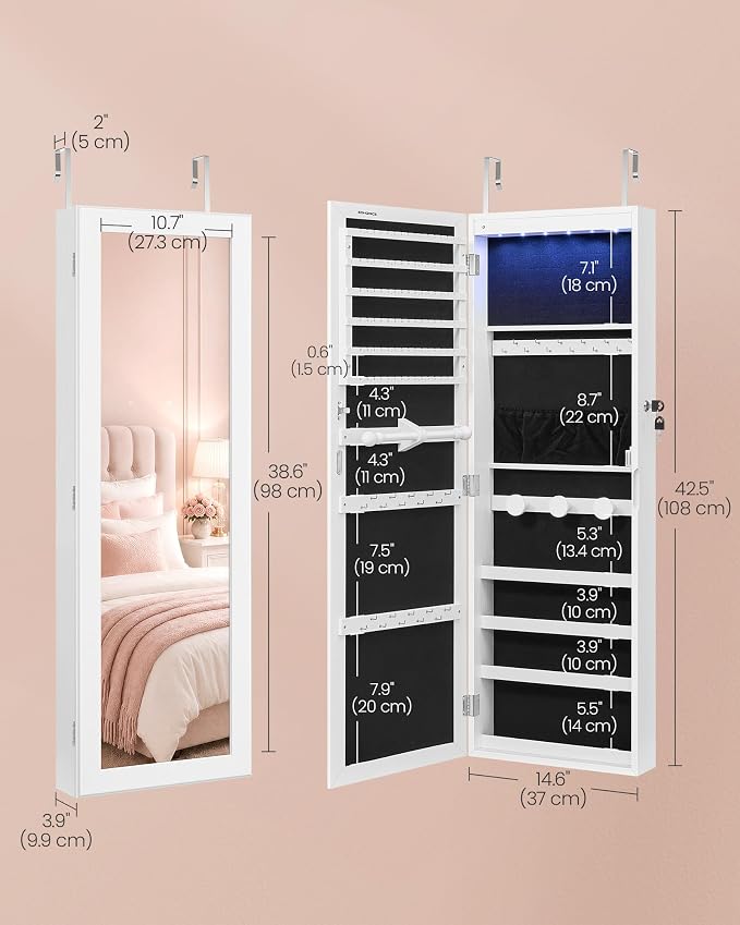 SONGMICS Jewelry Cabinet, Wall or Door Mounted Armoire with Full Length Mirror, Large Capacity Organizer, 6 LED Lights, 42.5 x 3.9 x 14.6 inch, White, BERIT Collection UJJC092W101