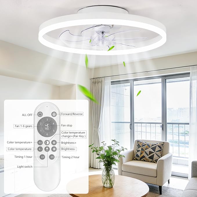 20" Low Profile Ceiling Fans with Lights and Remote & APP, Dimmable 3000-6500K LED Fandelier Ceiling Fan with Light, Modern Flush Mount Ceiling Fan Light for Living Room, Bedroom and Kitchen