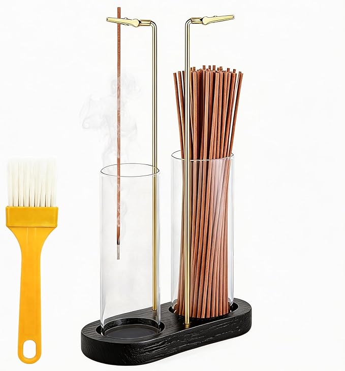 Glass Incense Holder, 2 in 1 Hanging Incense Burner Holder with Ash Catcher & Storage | Cute Boho Decor for Meditation, Yoga, Spa | Stick Incense Holder, Incense Tray Alternative Censer (Black)