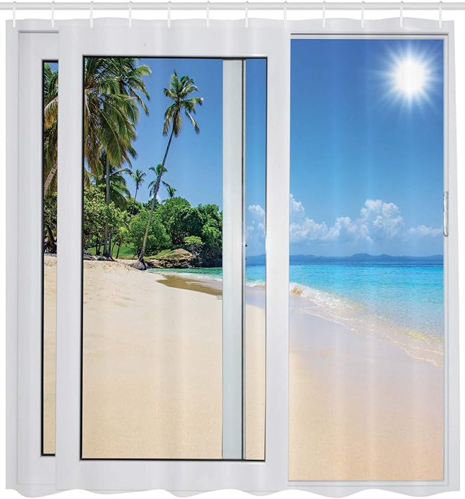 Ambesonne Ocean Shower Curtain, Ocean View from The Window on The Island Scenery Traveling Destination, Cloth Fabric Bathroom Decor Set with Hooks, 69" W x 75" L, White Cream Blue
