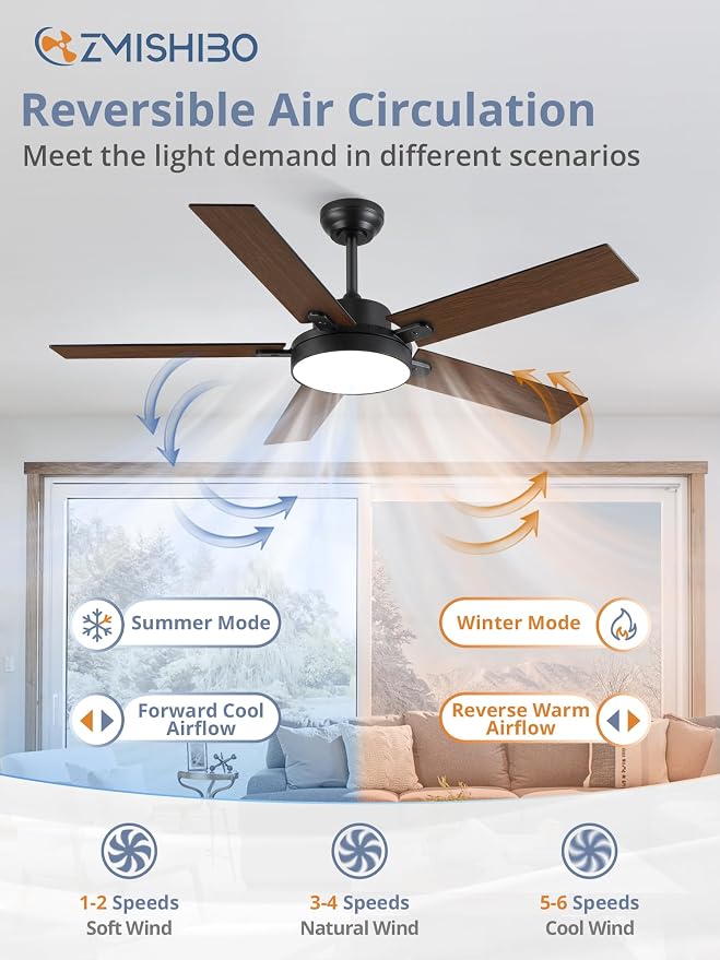 ZMISHIBO 52 Inch Ceiling Fans with Lights, Smart Remote/APP Control, Modern Ceiling Fan with 6 Speeds & 3CCT, Dimmable 30W LED, Quiet DC Motor, Noiseless for Living Room, Bedroom, Kitchen, Black