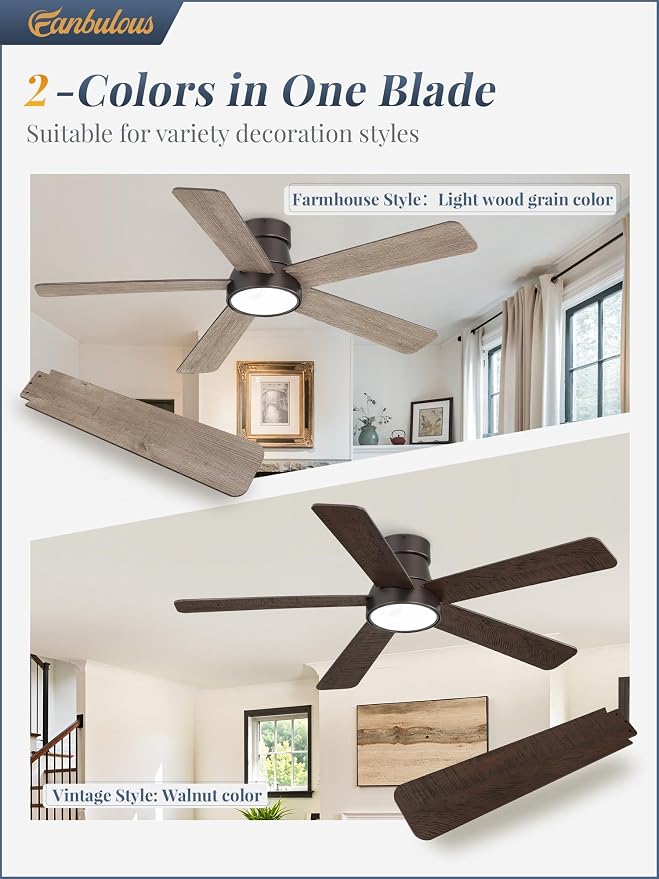 48 Inch Ceiling Fans with Lights and Remote,Outdoor Indoor Modern Flush Mount Ceiling Fan with 3CCT 6-Speed Quiet DC Motor,Small Low Profile Ceiling Fan for Bedroom Living Room Office(Oil Bronze)