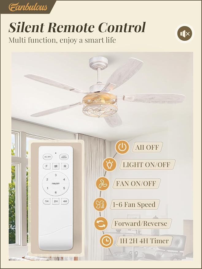 Farmhouse Ceiling Fan with Light and Remote, Industrial Caged Flush Mount Ceiling Fans with 6 Speed Reversible Motor and Dual Finish 5 Blades, for Living room, Bedroom (White and Gold, 52Inch)
