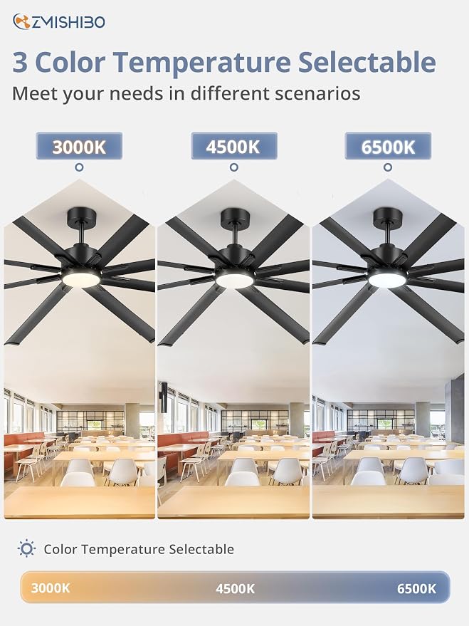 ZMISHIBO 96" Industrial Ceiling Fans with Lights, Large Ceiling Fan with 3CCT, 8 Reverisble Aluminum Blades, Quiet DC Motor, 6-Speed Remote, Indoor/Outdoor Ceiling Fans for Patios/Garage/Porch,Black