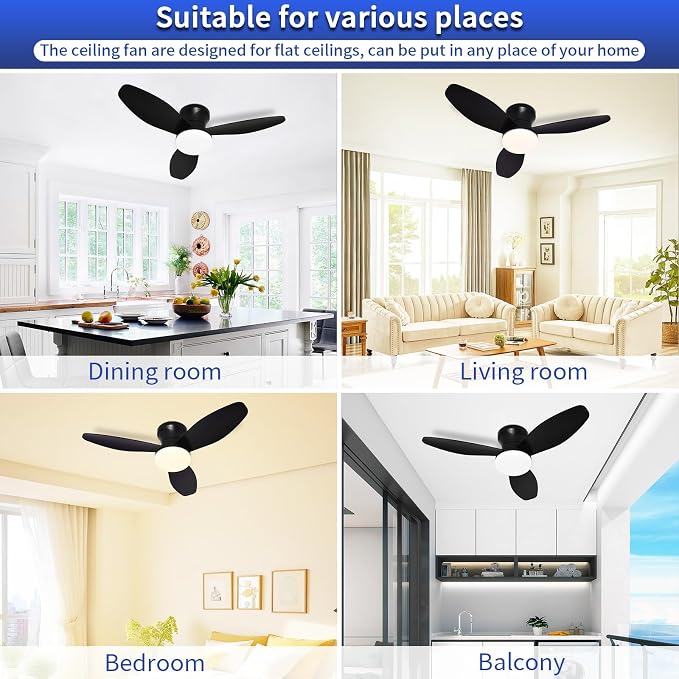 Small Ceiling Fan with Lights and Remote, 32 Inch Flush Mount, Small Quiet, DC Motor, Reversible Blades, 6 Wind Speeds, Dimmable LED, Adjustable Color Temperature, Timer