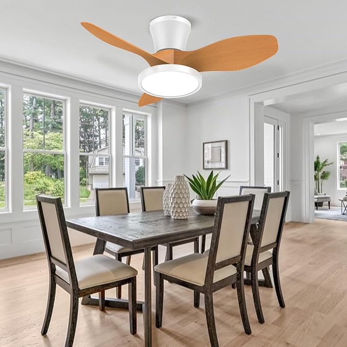 ocioc Quiet Ceiling Fan with LED Light DC motor 32 inch Large Air Volume Remote Control Oak for Kitchen Bedroom Dining room Patio