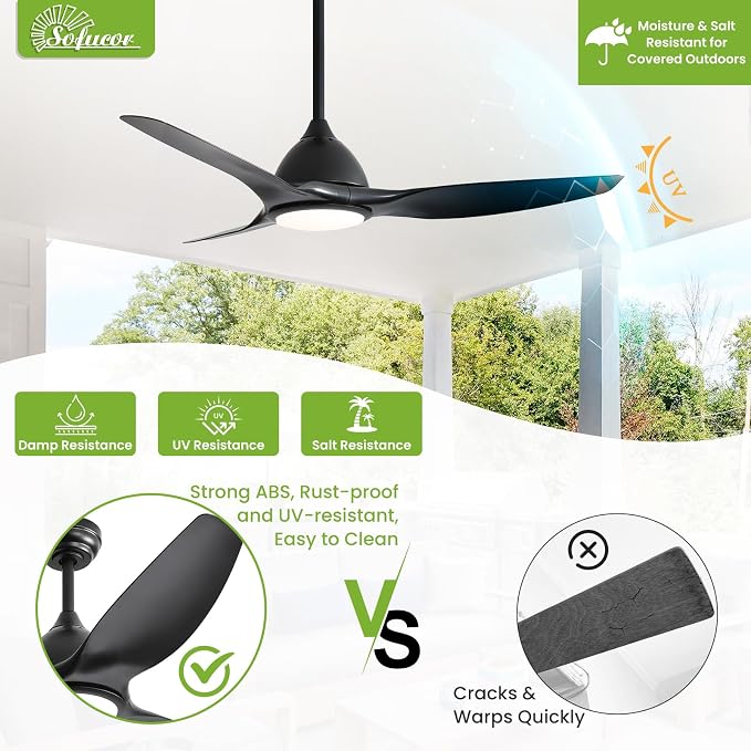 Sofucor 52 Inch Outdoor Ceiling Fans with Lights, Modern Ceiling Fan with 3 Plastic Blade, Quiet, Dimmable, High 7000CFM 6-Speed 3-Timer Reversible DC Motor, for Bedroom Living Room, ETL, Black