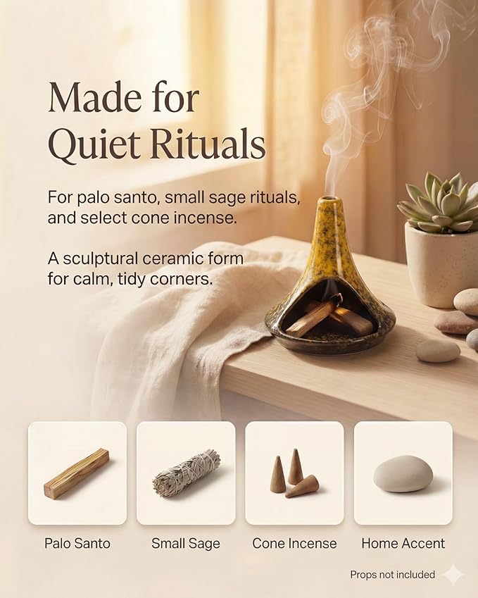 Ceramic Palo Santo Holder & Ash Catcher with Mini Chimney, Incense Holder & Sage Burner, Wabi-Sabi Home Decor for Meditation & Yoga(Antique Ochre)