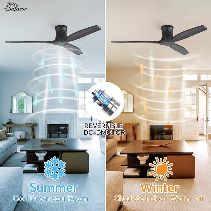 Sofucor 52" Smart Ceiling Fan No Light, Solid Wood Low Profile Ceiling Fan with Remote, Flush Mount Ceiling Fan Works with Alexa/Google/App 6-Speed Timing Reversible DC Motor for Living Room Bedroom