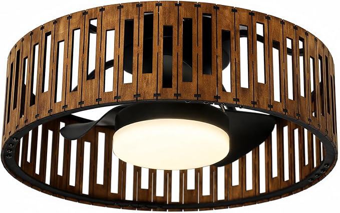 Ceiling Fans with Lights and Remote,20inch Low Profile Flush Mount Ceiling Fan 3000–6000K Dimmable LED Fandelier Bladeless Wood Fan Light for Bedroom Kitchen Living Room Diningroom Foyer Nursery