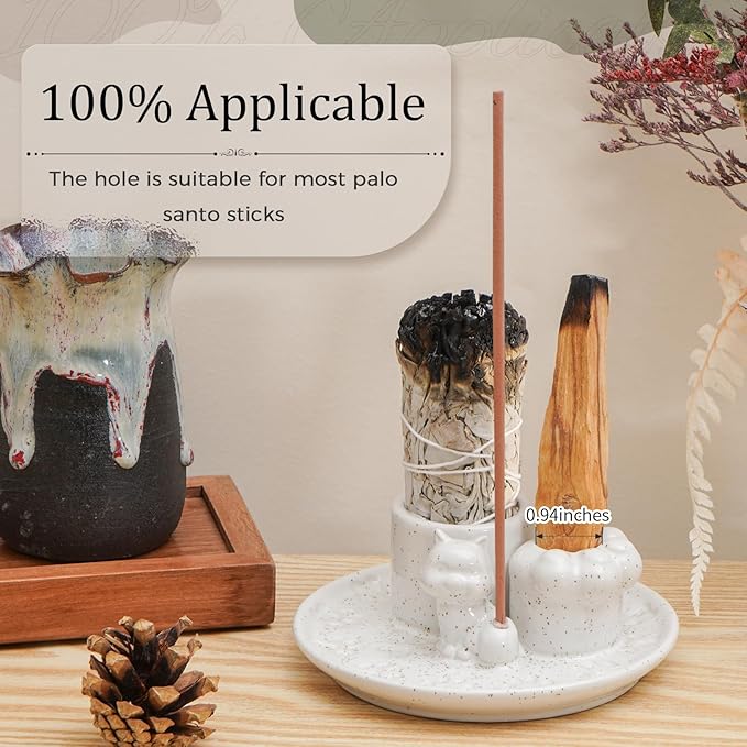 Palo Santo Holder, 4 in 1 Incense Holder for Incense Sticks, Burning Sage, Palo Santo (Ceramic,White)