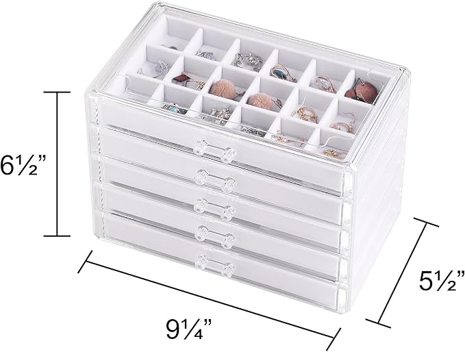 Frebeauty Acrylic Jewelry Organizer Earring Organizer Box with 5 Drawers Earring Holder Organizer with Velvet Trays Clear Jewelry Box for Women Earring Display for Rings Studs(White) | 61 Jewelry Storage Grid for Rings Studs Bracelet,Velvet Lining,Tran...