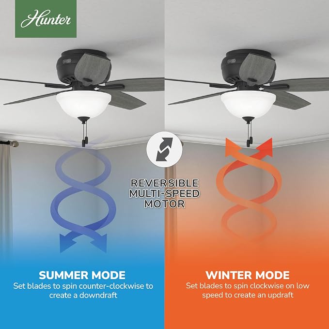 Hunter 52 inch Indoor Ceiling Fan with LED Light - Black Ceiling Fan with Pull Chain, For Bedroom or Living Room, Low Profile Flush Mount, 5 Blades, Includes Bulbs - Newsome 52396, Matte Black | Low Profile Flush Mount, Pull Chain, 5 Blades, For Bedroo...