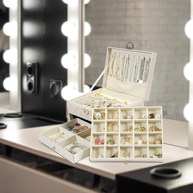 GUOER Jewelry Box for Women Girls, 3 Layers Large Jewelry Organizer(Light Khaki)