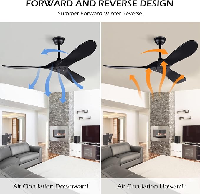 52 Inch Black Ceiling Fan No Light ，Wood Outdoor Ceiling Fans for Patios 3 Blade Propeller Reversible Modern Ceiling Fan Without Light for Living Room Bedroom with Remote