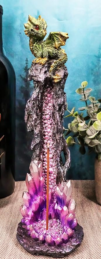 Ebros Gift Green Gaia Baby Dragon Guarding Faux Geode Quartz Crystal Quarry Rock Pillar Incense Burner Holder Figurine 10" High Fantasy Mythical Dungeons and Dragons Home Decorative Accent Statue