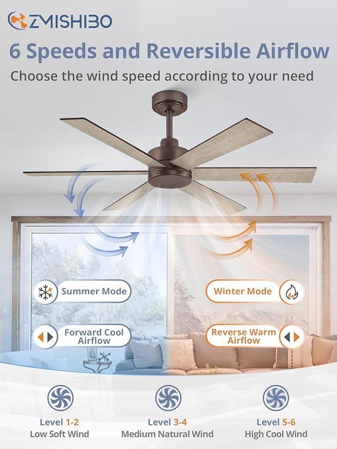 ZMISHIBO 48 Inch Ceiling Fans Without Lights, Farmhouse Ceiling Fan, 6 Blades, Quiet Reversible DC Motor, 6-Speeds, Brown Ceiling Fan With Remote for Living Room, Bedroom, Garage, Indoor/Outdoor Use