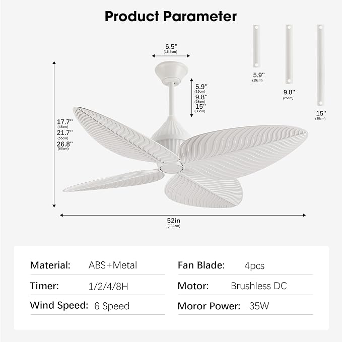 52" White Tropical Ceiling Fans, Flush Mount Palm Leaf Ceiling Fan no Light, Indoor Ceiling Fans Without Light for Living Room Bedroom Kitchen Covered Gazebo, APP and Remote Control