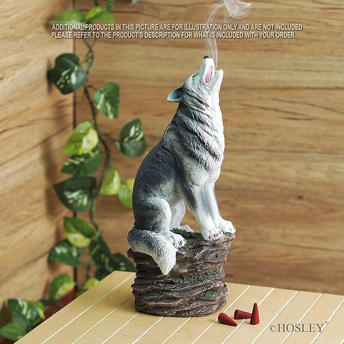 Hosley Incense Burner, Cone Incense Holder, Resin Wolf Décor 12 Inch Height, Aromatic Ambiance, Ideal for Home Décor, Office, Living Room, Spa, Meditation Space, Unique Gift for Wild Lovers