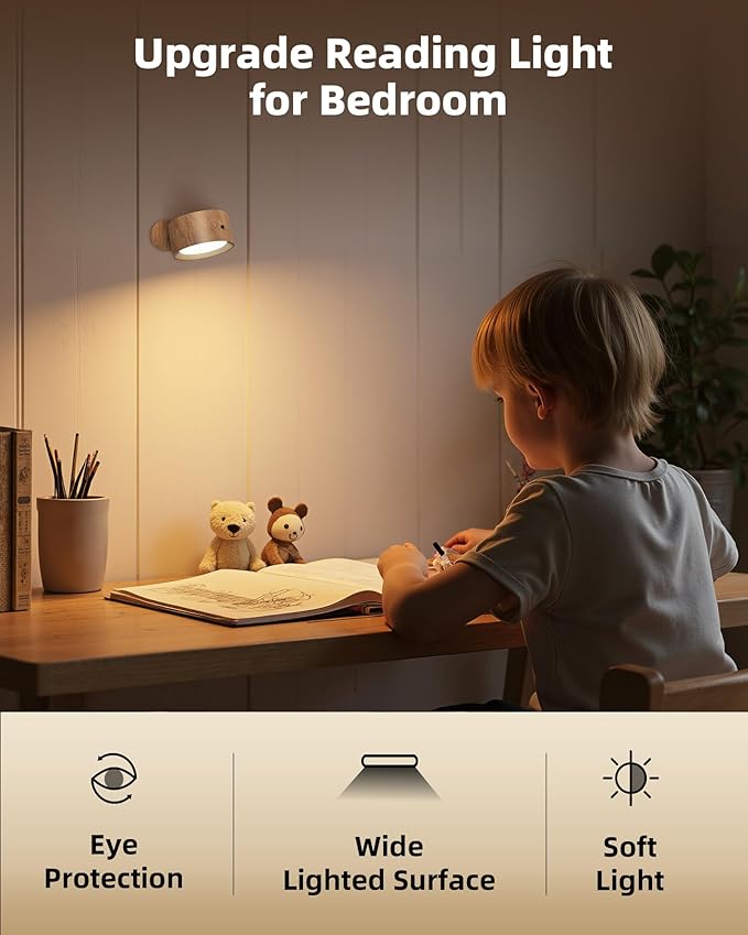 LED Wall Mounted Lights, Rechargeable Wall Sconces, 3 Color Temps, Remote & Touch, 360° Rotating and Dimmable for Bedroom, Bedside & Reading (Wood, 1 Pack)