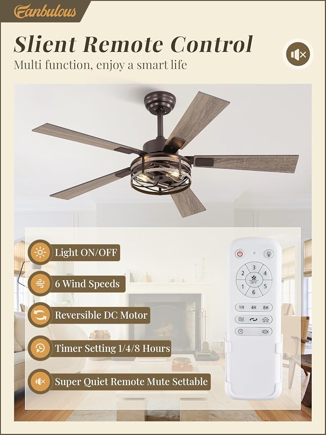 Fanbulous Farmhouse Ceiling Fans with Light, 48 Inch Bedroom Ceiling Fan with Lights, 6-Speed Adjustable, Quiet and Reversible DC Motor, 5 Dual Finish Blades, Rustic Caged Ceiling Fan，Oil Bronze
