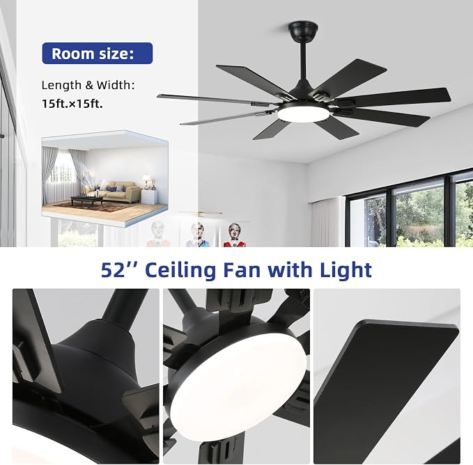 52" Ceiling Fans with Lights and Remote, Black Modern Ceiling Fan with 8 Dual Finish Blades,Quiet Reversible Motor，Farmhouse Ceiling Fan with RGB Lights for Bedroom,Living Room,Patios
