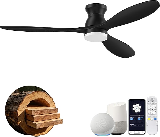 52" Wood Ceiling Fans with Lights Remote,Smart Control via Alexa App,Quiet DC Motor,Flush Mount Low Profile Ceiling Fan for Modern Bedroom,Living Room,Patio,Outdoor Indoor,Matte Black,Dimmable,6-Speed