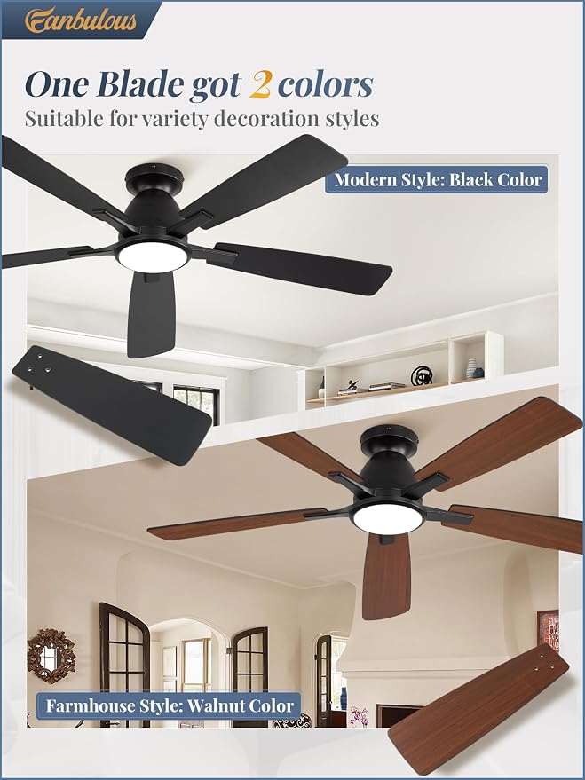 Fanbulous 52 Inch Flush Mount Ceiling Fan with Light, Remote & App, Black | 3CCT 20W LED, 6-Speed Quiet Reversible Motor, Modern Low Profile Flush Mount, Ideal for Bedroom/Living Room/Kitchen.