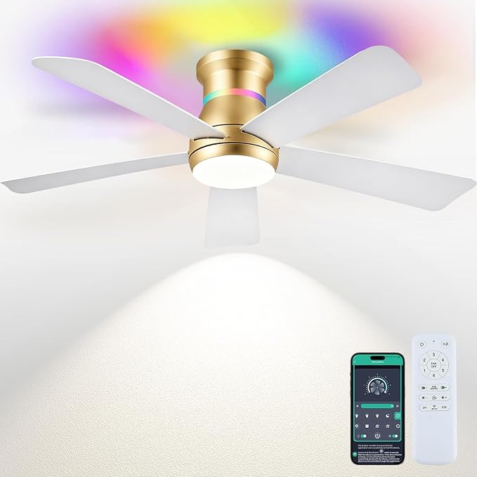 Surtime 46" Ceiling Fans with RGB Lights - Flush Mount Ceiling Fan Light with LED 3CCT Dimmable, Modern Low Profile Gold Ceiling Fan with Reversible White Blades