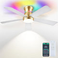 Surtime 46" Ceiling Fans with RGB Lights - Flush Mount Ceiling Fan Light with LED 3CCT Dimmable, Modern Low Profile Gold Ceiling Fan with Reversible White Blades