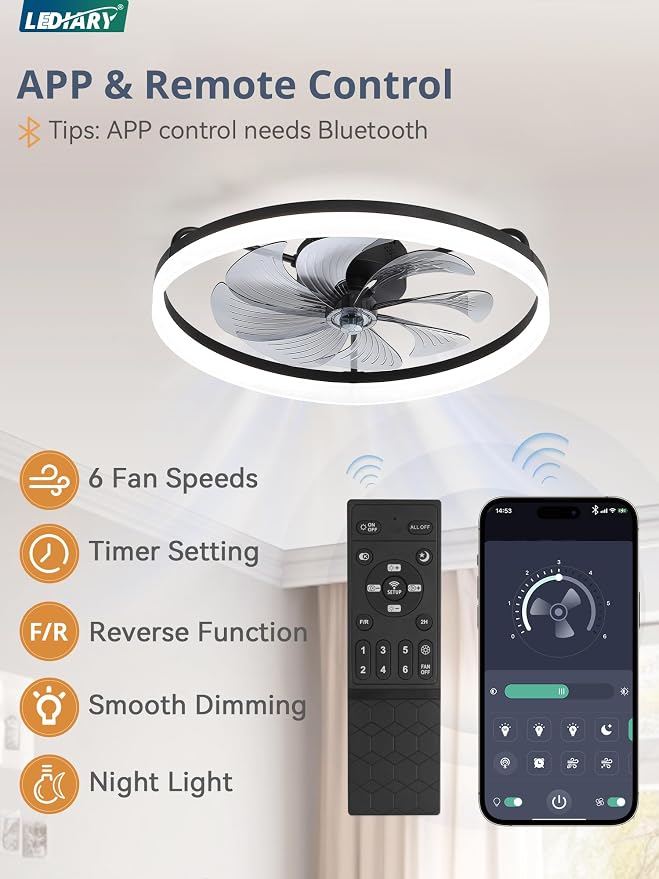 LEDIARY Ceiling Fans with Lights, 23 inch Low Profile Flush Mount Ceiling Fan, Dimmable LED, APP & Remote Control, Quiet Reversible DC Motor, 6 Speeds, Fandelier for Bedroom, Black