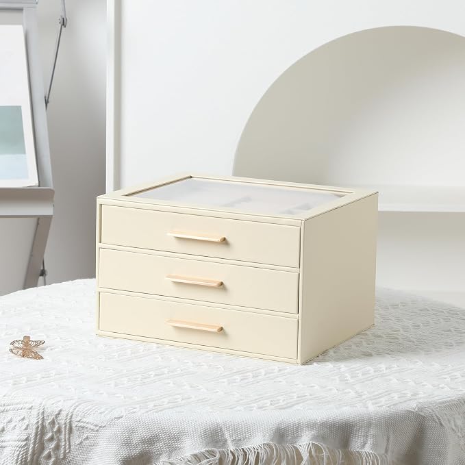 Frebeauty Jewelry Box for Women,Clear Lid Jewelry Organizer with 3 Drawers | Faux Leather,Velvet Lining,3 Layers,Jewelry Storage for Ring Earring Stud,Dustproof Design,Gift Choice,Golden Stylish Handle