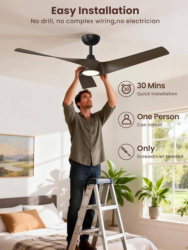 TALOYA 52 inch Modern Ceiling fan with Light, 3 Blades Ceiling Fans with Lights and remote, 3000K-6500K, Dimmable, Quiet, Outdoor Ceiling fan For Living Room, Bedroom, Patio, Farmhouse, light Walnut