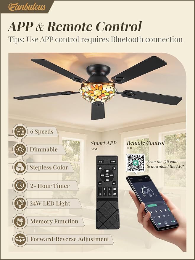 Fanbulous 52" Tiffany Sunflower Ceiling Fan, Dimmable Stepless Color LED