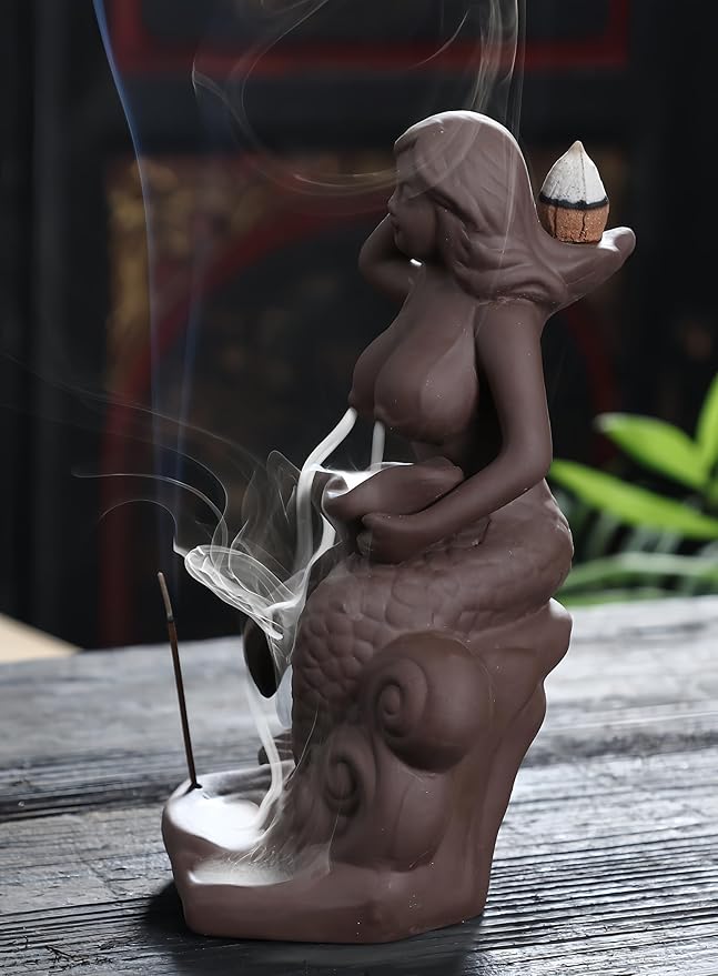Mermaid Backflow Incense Burner and Incense Cones, Handmade Ceramic Waterfall Incense Holders Home Decor Gift Artwork Statue Ornaments