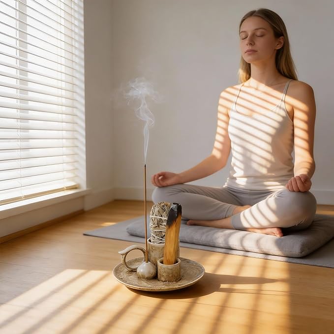 Tnstbiee 4.1-Inch 5-in-1 Ceramic Smudge Bowl-Versatile Incense Stick Holder and Smudging Dish for Palo Santo and Sage–Ideal for Zen Altar, Meditation,Yoga, and Aromatherapy–Easy to Clean Brown Design