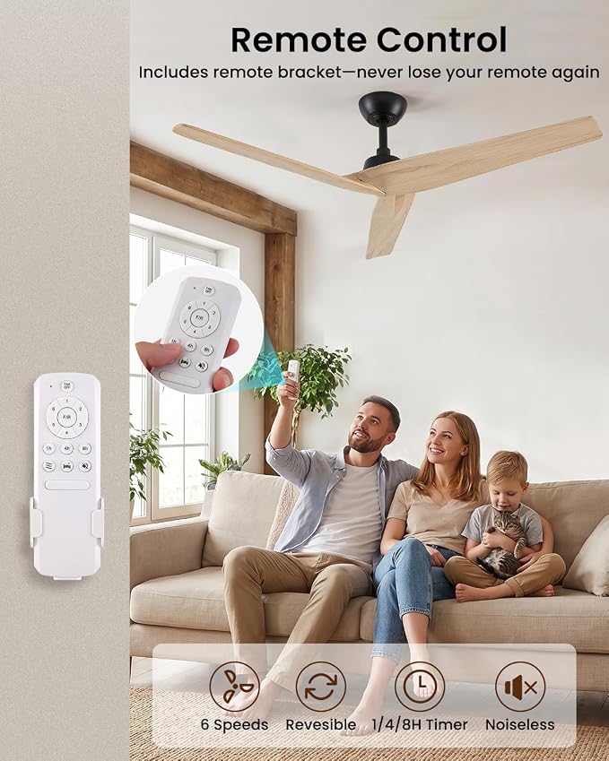 Skylike 52in Modern Wood Ceiling Fan No Light with Remote for Bedroom-Light | Real Wood Blades, Quiet DC Motor,Reversible,Beep-Off Function,6 Speeds,3 Timers,6" downrod,Indoor and Outdoor
