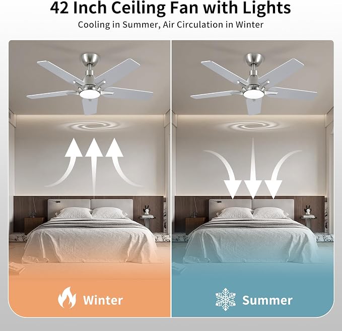 42 Inch Ceiling Fans with Lights, Brushed Nickel Ceiling Fan with Remote, Modern Ceiling Fan for Bedroom, Living Room, Dining Room, Patio, 3CCT Dimmable 6 Speeds DC Quiet
