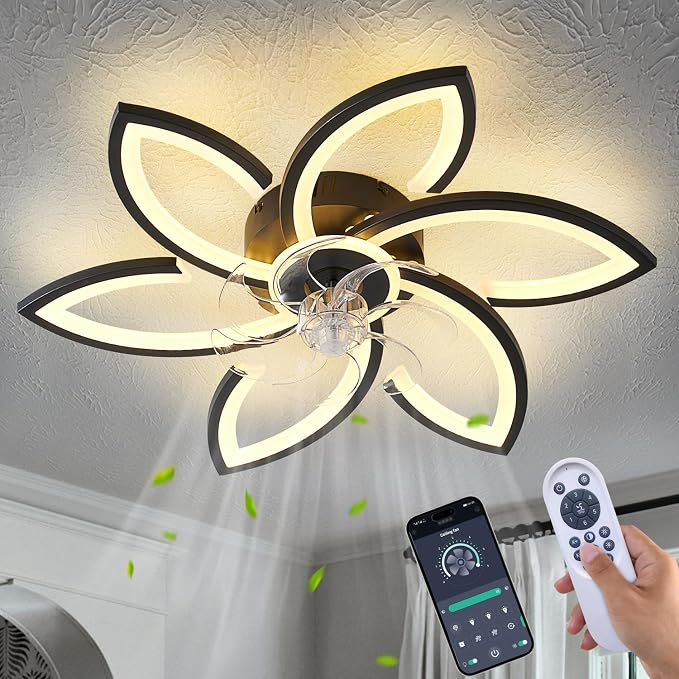 30inch Black Flower Modern CeilingFans with Lights, Low Profile Ceiling Fan with Remote for bedroom, Flush Mount Ceiling Fan with LED Dimmable Light,6-Speeds, Timing Ceiling Fan Light