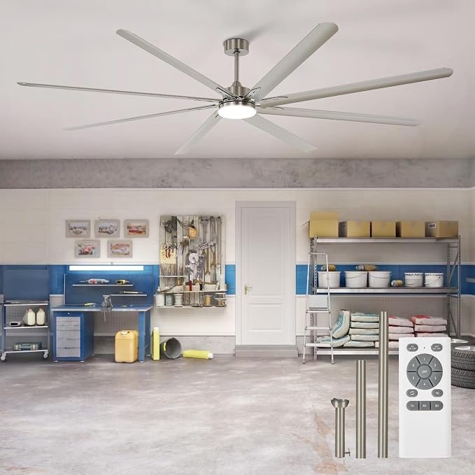 Outdoor Ceiling Fan with Remote: 100 Inch Large Fan - Industrial Ceiling Fan with Light for Patio Shop Garage Brushed Nickel Silver
