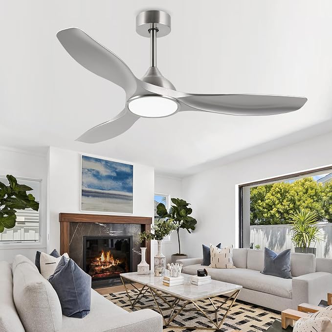 52 Inch Modern 3 Blade Silver Ceiling Fan with Lights Remote Control | Quiet DC Motor, 6 Speed High CFM, Indoor Ceiling Fan for Bedroom, Office, Living Room