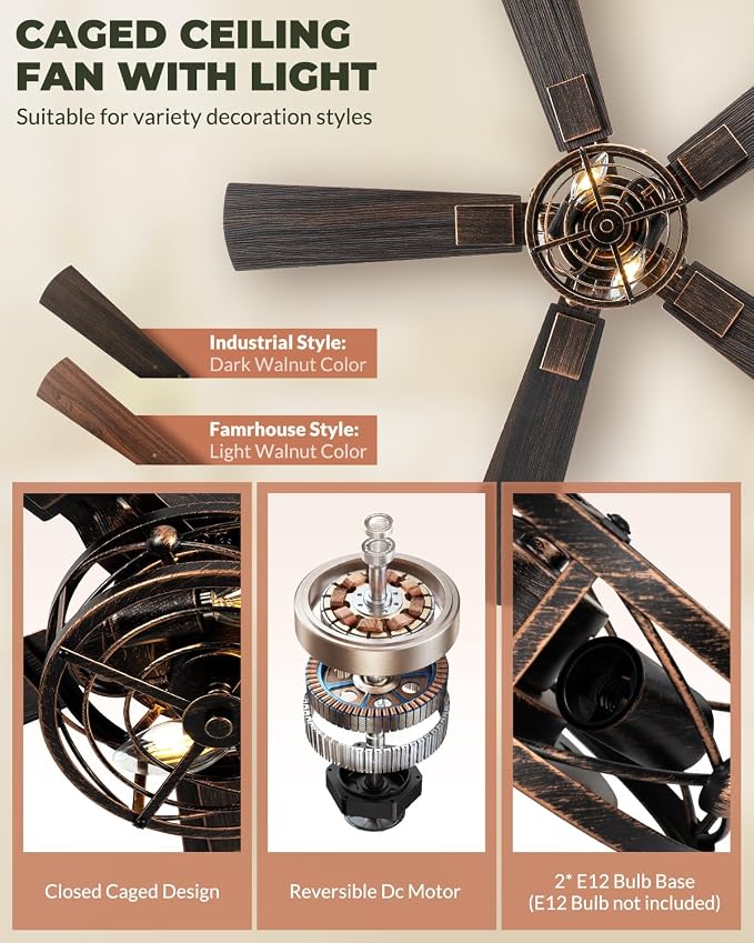 Farmhouse Ceiling Fans with Lights, 42 Inch Bedroom Ceiling Fan with Remote Control, Quiet and Reversible DC Motor, 6-Speed 5 Blades Caged Ceiling Fan for Bedroom, Living Room, Black and Gold Color