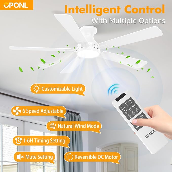 OPONL Ceiling Fan with Light, 52 inch Low Profile Ceiling fan with Light and Remote Control, Reversible, 6CCT, Dimmable, Noiseless, White Ceiling Fan for Bedroom, Indoor/Outdoor Use, Modern