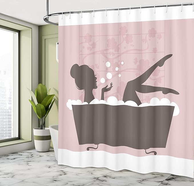 Ambesonne Feminine Shower Curtain, Woman in Bath Tub Spa Treatment Relaxing Concept Vintage Style, Cloth Fabric Bathroom Decor Set with Hooks, 69" W x 84" L, Grey Pink